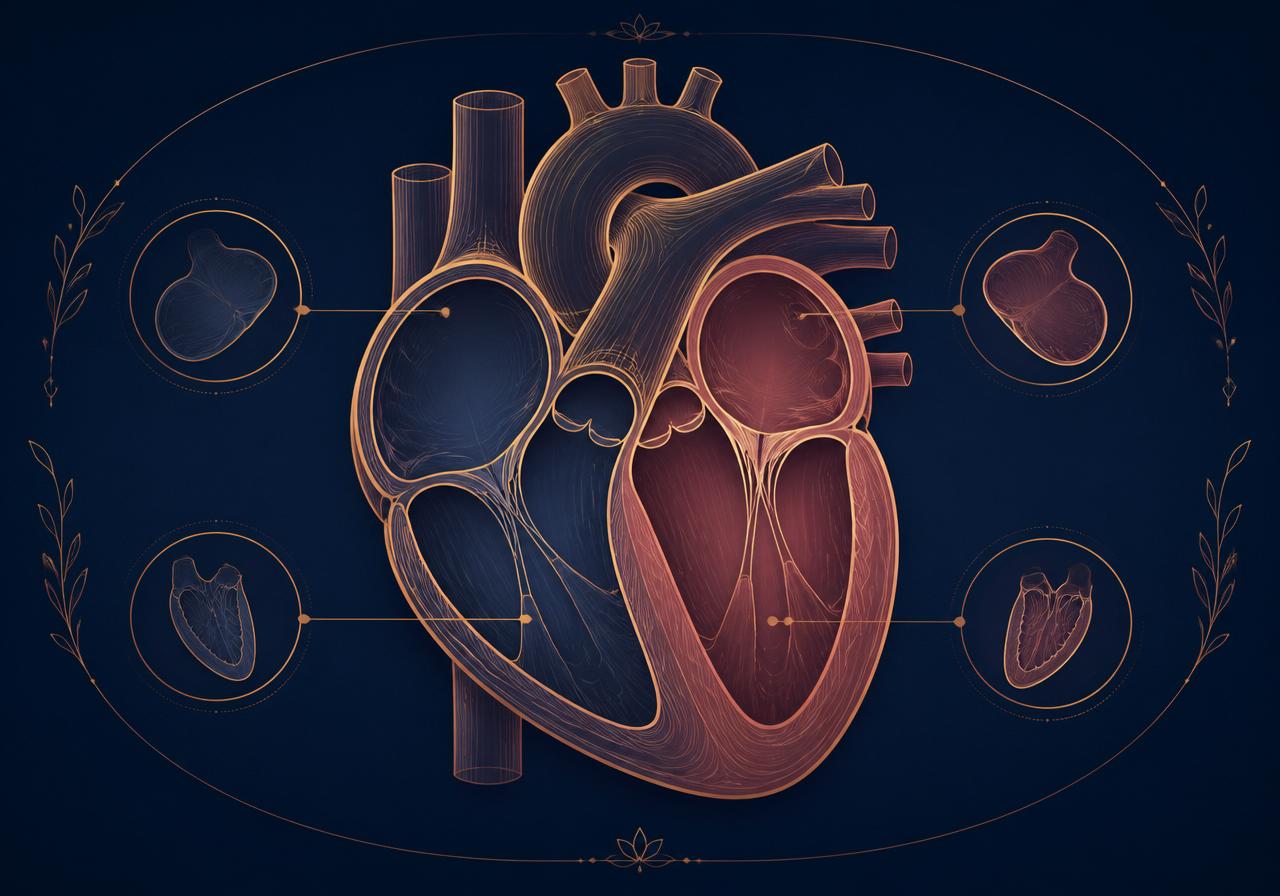 Ilustração educativa da anatomia do coração avaliada no ecocardiograma fetal, com câmaras, válvulas e grandes vasos