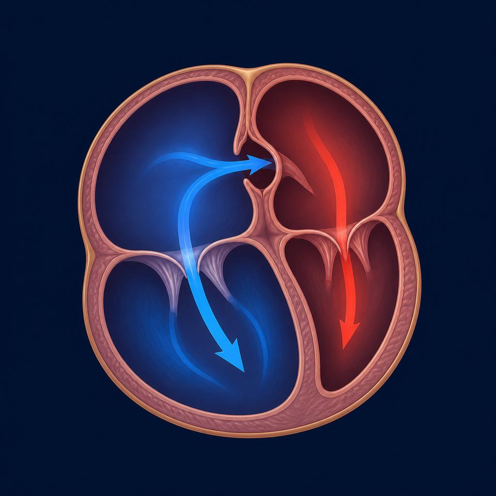 Ilustração educativa do ecocardiograma fetal Doppler mostrando o fluxo sanguíneo colorido no coração do bebê