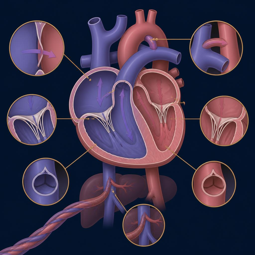 Diagrama ilustrativo das estruturas do coração fetal avaliadas durante o ecocardiograma fetal Doppler