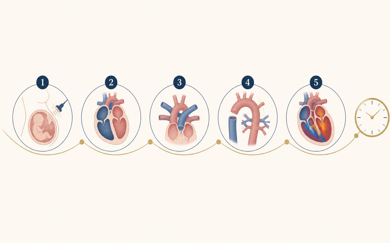 Linha do tempo ilustrativa mostrando quanto tempo demora o ecocardiograma fetal, da avaliação do abdômen ao Doppler colorido